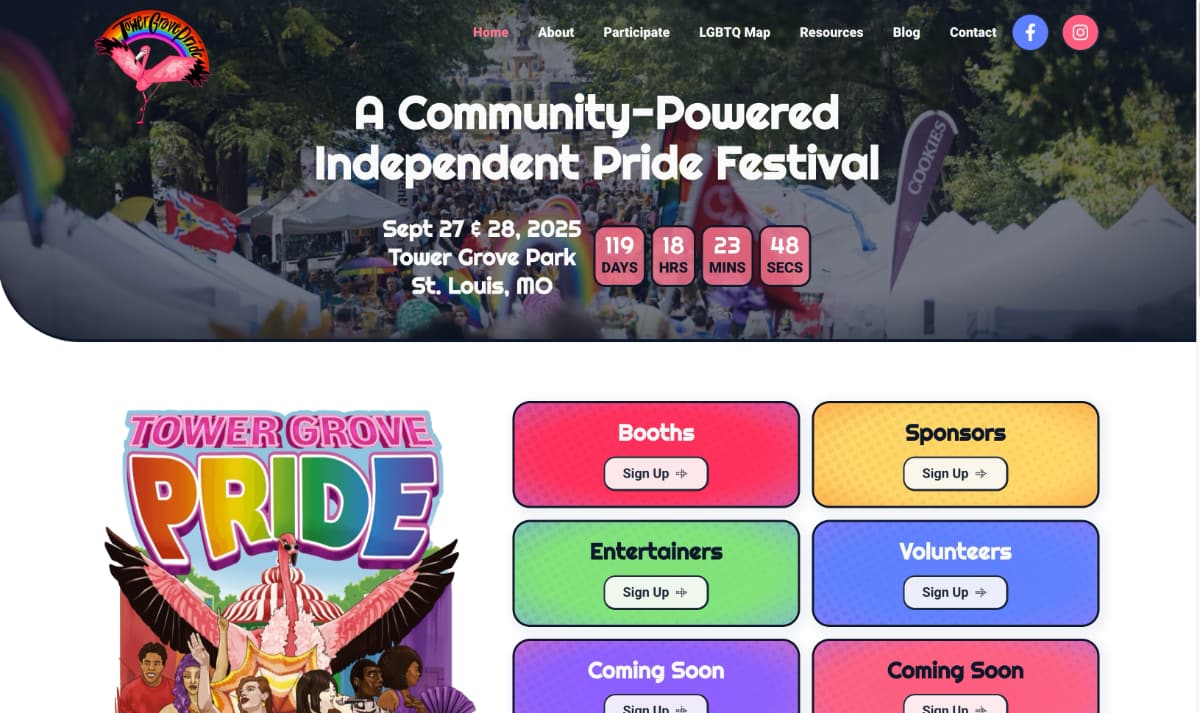 Desktop view of Tower Grove Pride website